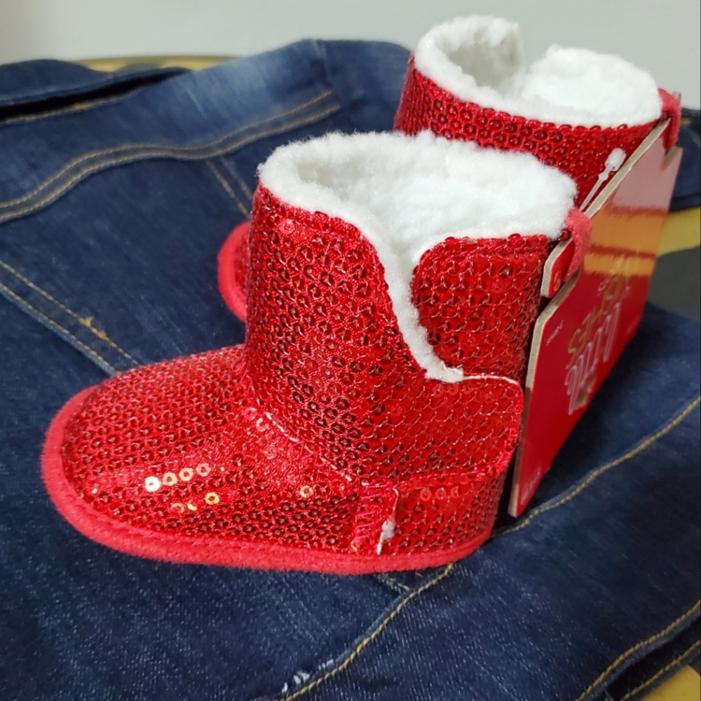 Baby red sequined baby boots in sz. 3-6mo.